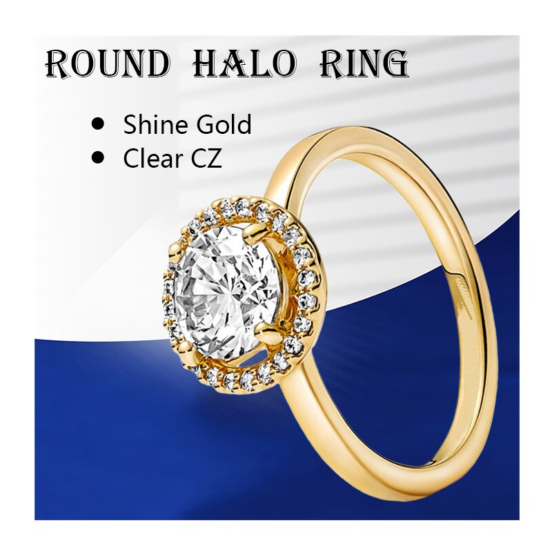 18K Shine Gold Wedding Bands Finger Rings For Women Silver 925 Original Jewelry Round Halo Clear Zircon Stones Mother's Day Gift