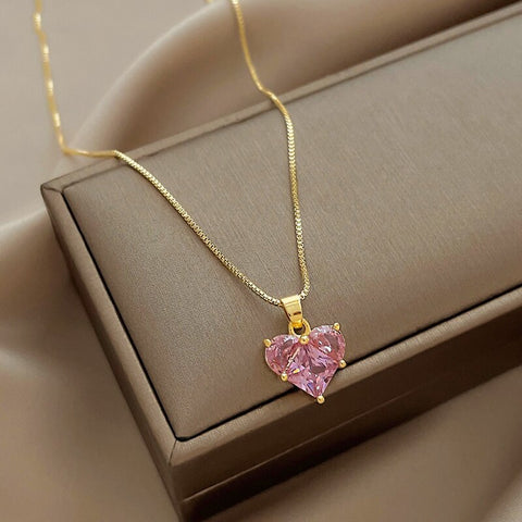 Fashion Trend Unique Design Elegant Delicate Pink Love Zircon Clavicle Necklace Women Charms Female Jewelry Party Gift