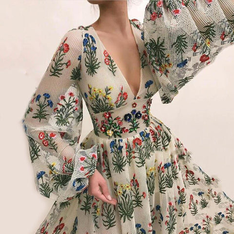 2023 New Dress Bohemian Retro Pattern Colorful Embroidered Sexy Loose Long Dress