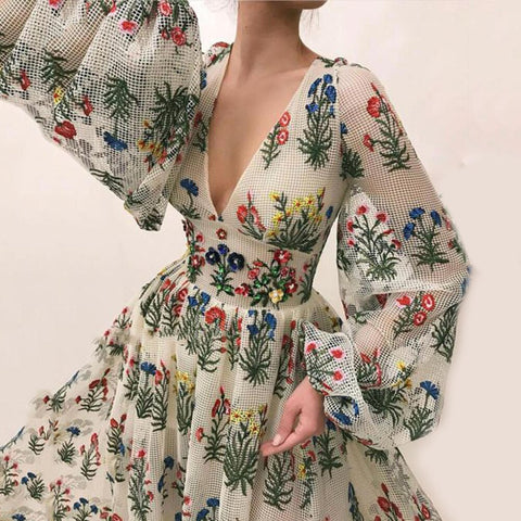 2023 New Dress Bohemian Retro Pattern Colorful Embroidered Sexy Loose Long Dress