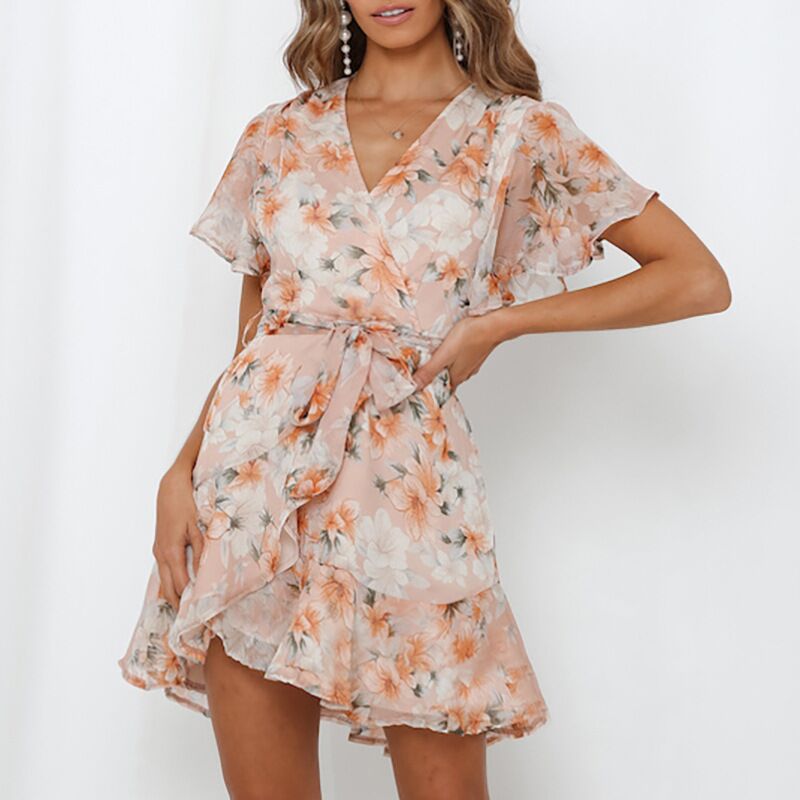 2023 New V-neck Lace Up Printed Ruffle Dress for Women Summer Dress Women Off Shoulder Ruffle Dress Party Dress Midi Dress