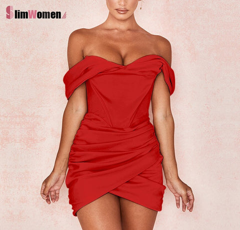 2023 Sexy Women Corset Dress Bodycon Satin Off Shoulder Mini Elegant Dress Slim Stretch Ruched Red Robes Club Party Dress Vestid