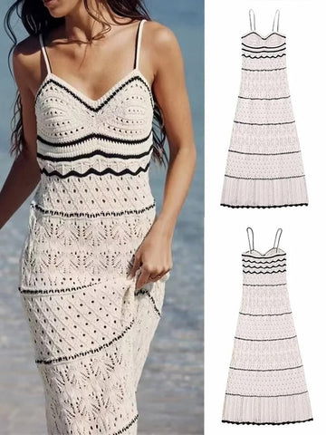 2023 Summer New Dress Women's Beach Style Knitted Slim Fit Slim Strap Long Dresses Color Knitted Hollow Elegant Tight Vestidos