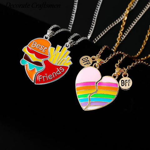 2pcs/set Best Friends Love Couple Heart Pendant Necklace Rainbow Broken Heart BFF Good Friends Friendship Jewelry Gift