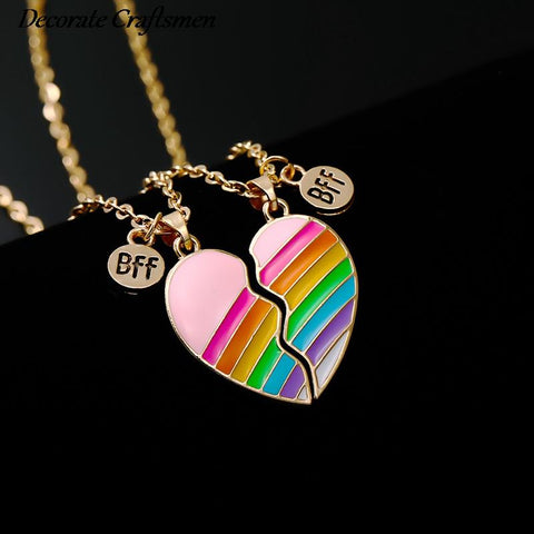 2pcs/set Best Friends Love Couple Heart Pendant Necklace Rainbow Broken Heart BFF Good Friends Friendship Jewelry Gift