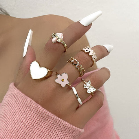American Style Simple Irregular Heart Zircon Set Ring Butterfly Flower Rings Set for Women Trendy Jewelry Gift Accessories