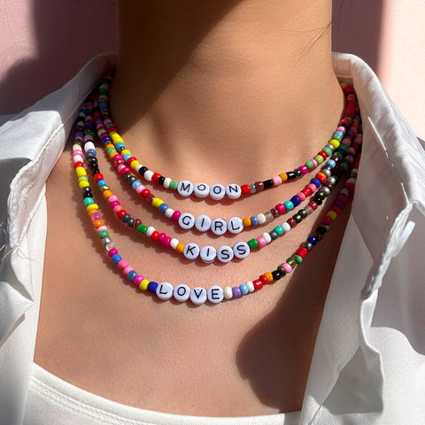 Colorful Beads Initial Choker for Women Trendy LUCKY Kiss ANGEL MOON LOVE Letter Boho Accessories