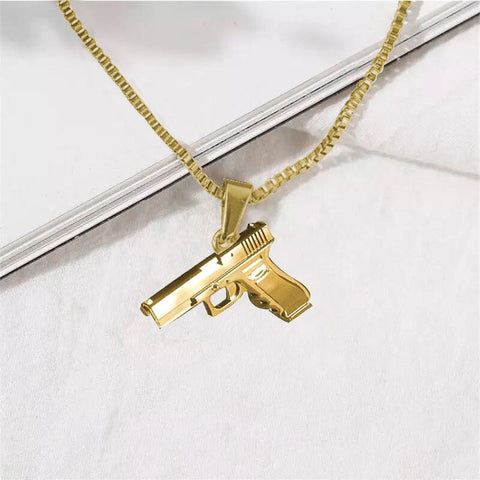 Cool Black Gold Silver Color Gun Shaped Pendants Necklace for Women Men Army Style Hip Hop Long Chain Punk Jewelry