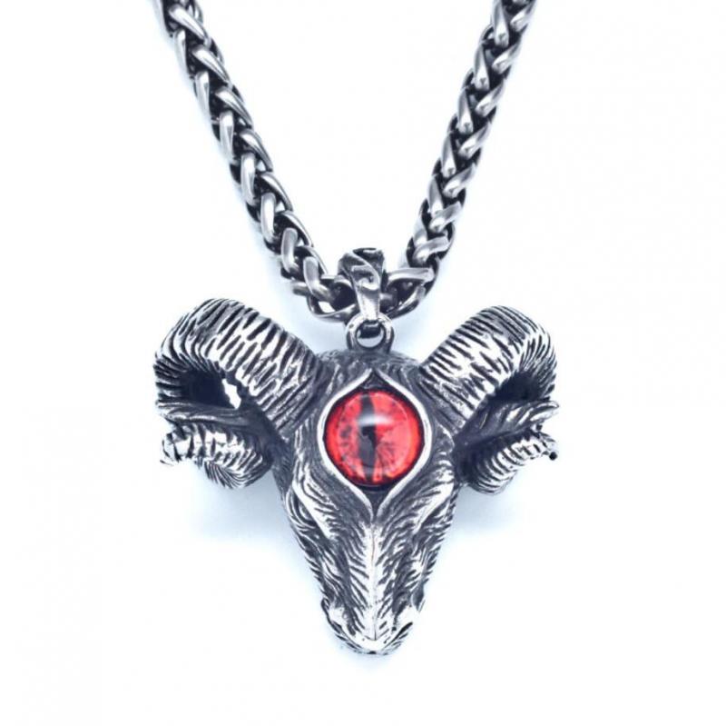 Creative Red Zircon Devil Eye Satan Sheep Head Pendant Necklace Men's Trend Personality Domineering Jewelry