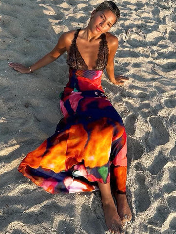 Elegant Tie Dye Floral Chiffon Dress For Women 2023 Summer Sexy Bandage Backless Lace Long Dresses Female Beach Evening Robe