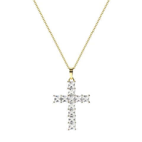 Fashion High-End Shiny Zircon Cross Pendant Men and Women Trend Personality Banquet Necklace Jewelry