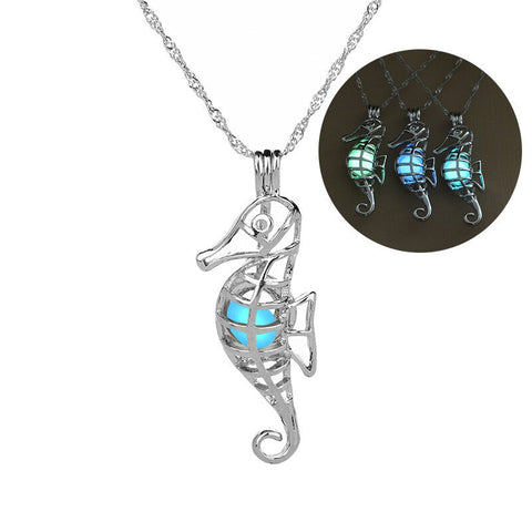 Glow in The Dark Locket necklace For Women Gun skull Heart mermaid Cross tortoise Glowing beads cage pendant Fashion Jewelry