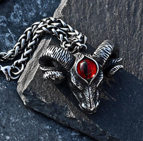 Creative Red Zircon Devil Eye Satan Sheep Head Pendant Necklace Men's Trend Personality Domineering Jewelry