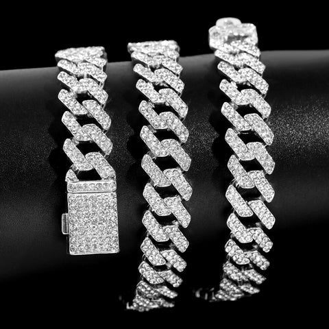 Hip Hop Bling Rhinestone Prong Cuban Link Chain Necklace for Men Women 12MM Iced Out Miami Cuban Choker Necklace Punk Jewelry