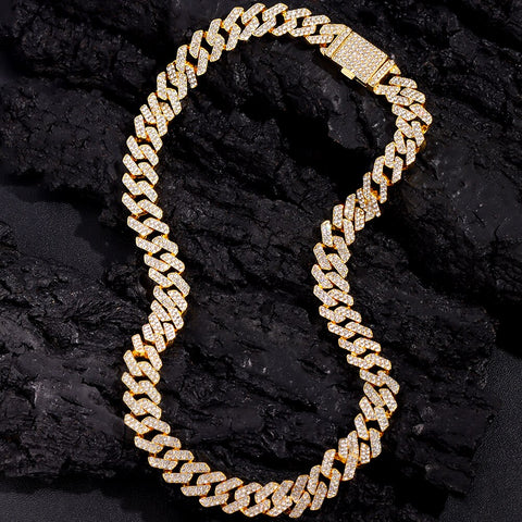 Hip Hop Bling Rhinestone Prong Cuban Link Chain Necklace for Men Women 12MM Iced Out Miami Cuban Choker Necklace Punk Jewelry