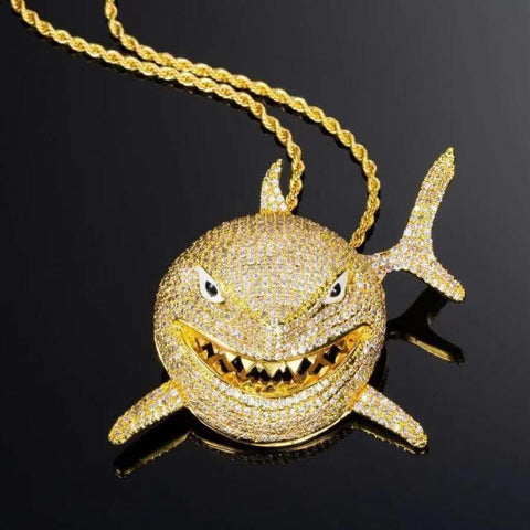 Hip Hop Fierce Shark Inlaid Zircon Pendant Personality Men\\'s Charm Trend Necklace Cool Rap Rock Party Jewelry Birthday Gifts