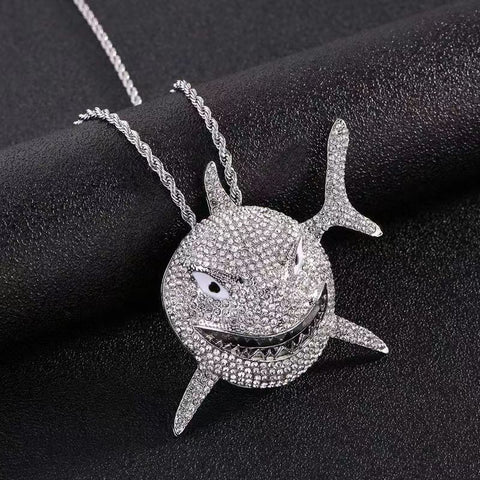 Hip Hop Fierce Shark Inlaid Zircon Pendant Personality Men\\'s Charm Trend Necklace Cool Rap Rock Party Jewelry Birthday Gifts