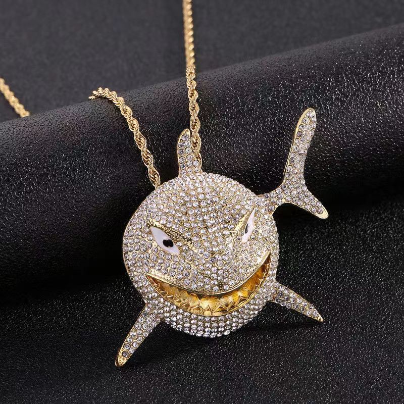 Hip Hop Fierce Shark Inlaid Zircon Pendant Personality Men\\'s Charm Trend Necklace Cool Rap Rock Party Jewelry Birthday Gifts