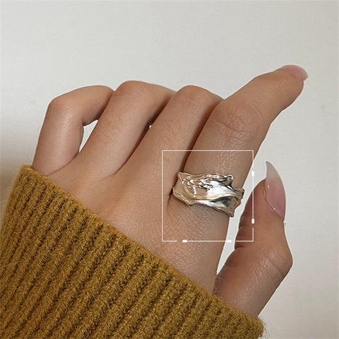 INS Minimalist Silver Color Irregular Wrinkled Surface Finger Rings Creative Geometric Punk Opening Ring for Women Girls Jewelry