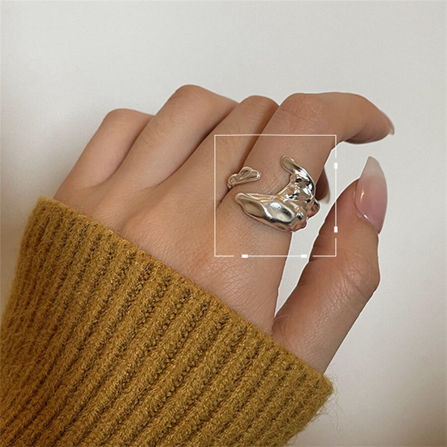 INS Minimalist Silver Color Irregular Wrinkled Surface Finger Rings Creative Geometric Punk Opening Ring for Women Girls Jewelry