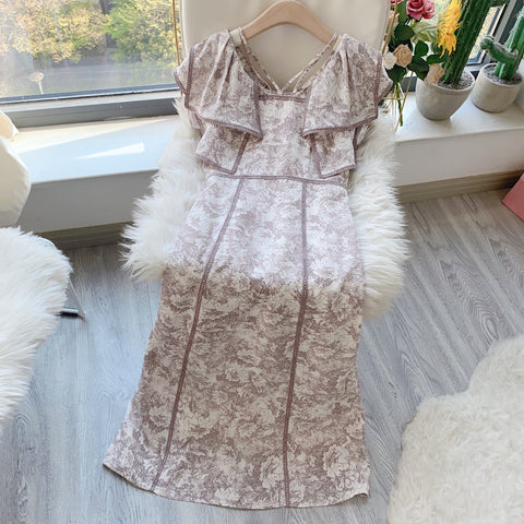 Kuzuwata 2023 Early Spring Ruffled Printed Dress Japanese Sleeveless Wrapped Waist Robe Sweet V-neck Design Vestidos De Mujer