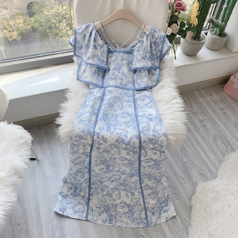 Kuzuwata 2023 Early Spring Ruffled Printed Dress Japanese Sleeveless Wrapped Waist Robe Sweet V-neck Design Vestidos De Mujer