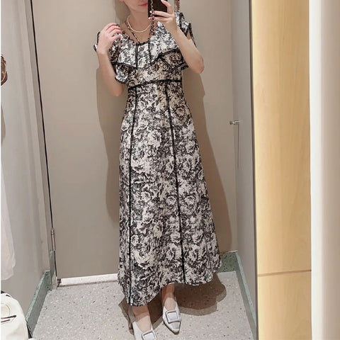 Kuzuwata 2023 Early Spring Ruffled Printed Dress Japanese Sleeveless Wrapped Waist Robe Sweet V-neck Design Vestidos De Mujer