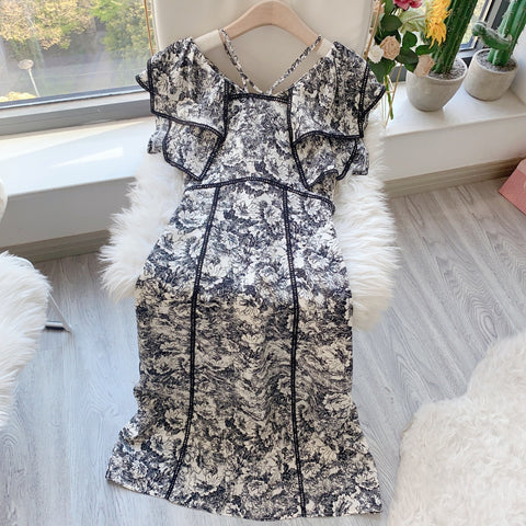 Kuzuwata 2023 Early Spring Ruffled Printed Dress Japanese Sleeveless Wrapped Waist Robe Sweet V-neck Design Vestidos De Mujer