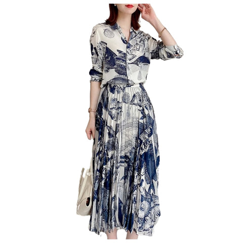 Long Dress Women's Spring Summer Large Size Blue White Porcelain Dress Printing Slim Dress Short Sleeves Dress