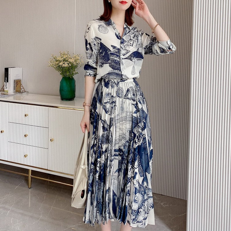 Long Dress Women's Spring Summer Large Size Blue White Porcelain Dress Printing Slim Dress Short Sleeves Dress