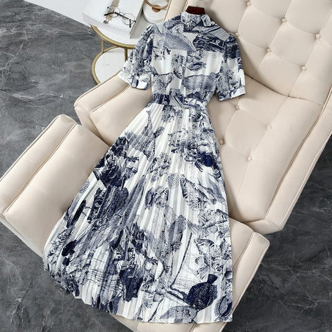 Long Dress Women's Spring Summer Large Size Blue White Porcelain Dress Printing Slim Dress Short Sleeves Dress