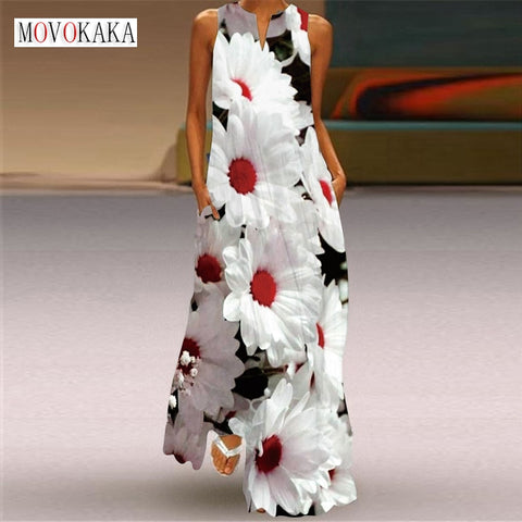 MOVOKAKA Summer Dresses Women Party Beach Sleeveless Casual Long Dress Woman Loose White Flowers Vintage Elegant Dress For Women