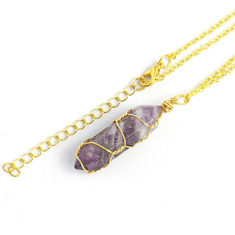 Natural Hexagonal Bullet Shape Agates Tiger Eye Clear Quartzs Stone Pendant Necklace for Women Wire Wrap Crystal Jewelry Gift