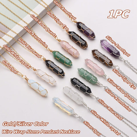 Natural Hexagonal Bullet Shape Agates Tiger Eye Clear Quartzs Stone Pendant Necklace for Women Wire Wrap Crystal Jewelry Gift