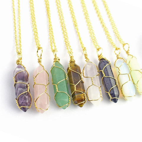 Natural Hexagonal Bullet Shape Agates Tiger Eye Clear Quartzs Stone Pendant Necklace for Women Wire Wrap Crystal Jewelry Gift