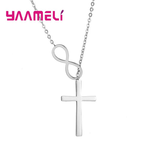 Never Fade Sterling Silver 925 Cross Bowknot Infintity Cross Necklace for Male Female Silver/Gold/Rose Gold Collar Choker