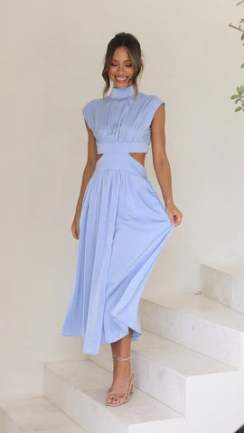 New High Waist Bodycon Crop Dress Summer Casual Sleeveless Solid Color Long Dress Y2k Elegant Vintage Ruched Round Neck Vestidos