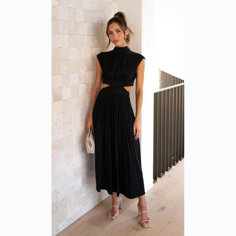 New High Waist Bodycon Crop Dress Summer Casual Sleeveless Solid Color Long Dress Y2k Elegant Vintage Ruched Round Neck Vestidos