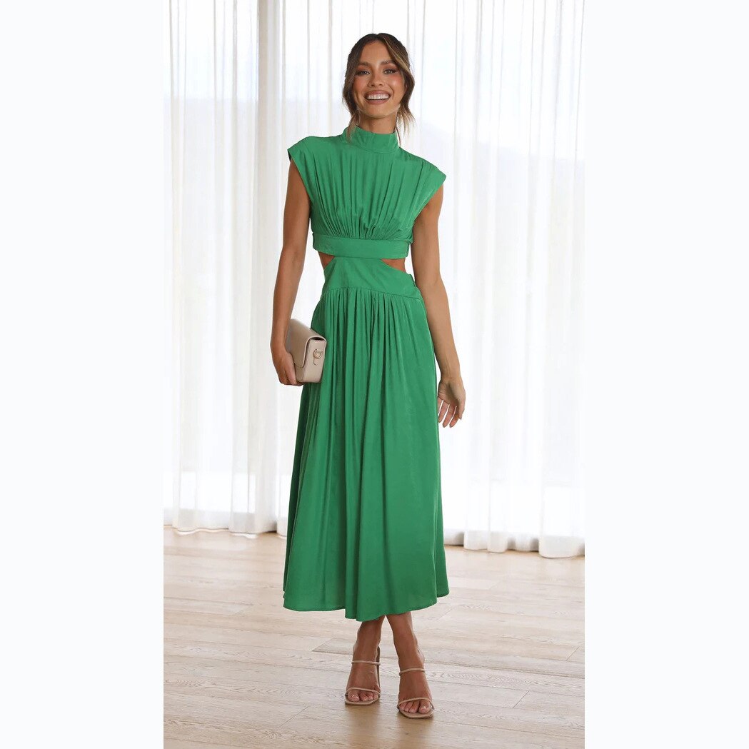 New High Waist Bodycon Crop Dress Summer Casual Sleeveless Solid Color Long Dress Y2k Elegant Vintage Ruched Round Neck Vestidos