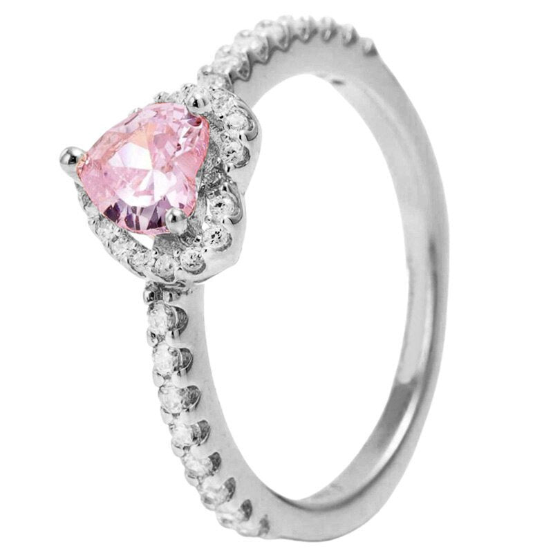 Original Pink Elevated Heart With Crystal Ring For 925 Sterling Silver Ring Women Gift DIY Europe Jewelry