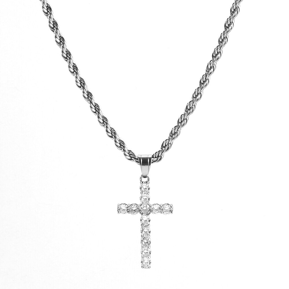 Shining Zircon Cross Necklaces for Men Women Hip Hop Pendant Chokers 4mm Rope Chain 316L Stainless Steel Fashion Jewelry