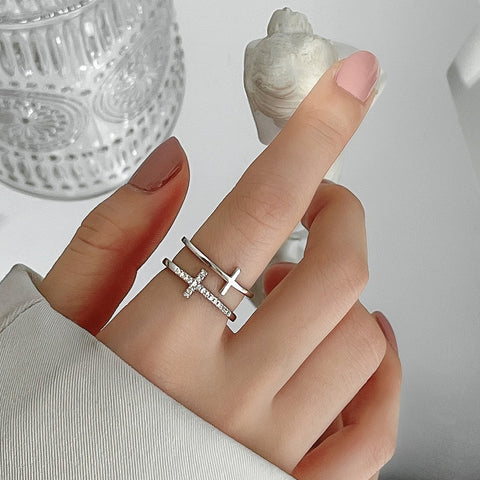 Silver Color Double Cross Flashing Zircon Open Rings for Women Student Korean Index Finger Ring 2022 Fashion Jewelry Gift