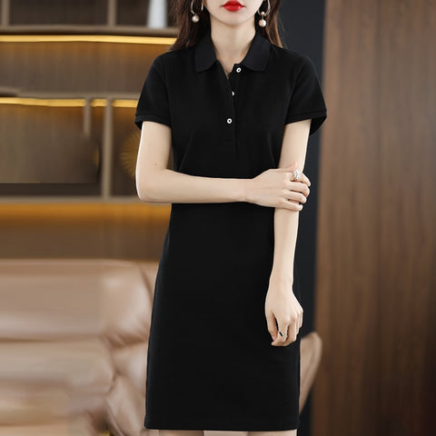 Spring Summer New  Cotton Dress Woman Polo Collar Long Loose Large Size Pullover Sweater Short Sleeve Bottoming Dress