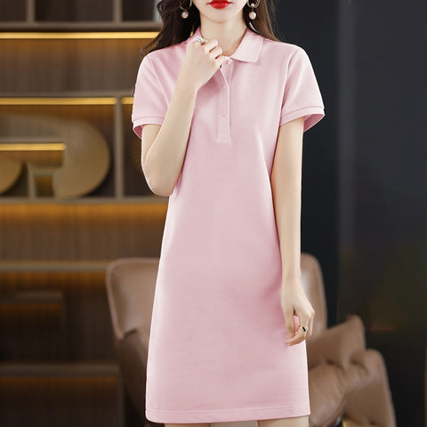 Spring Summer New  Cotton Dress Woman Polo Collar Long Loose Large Size Pullover Sweater Short Sleeve Bottoming Dress