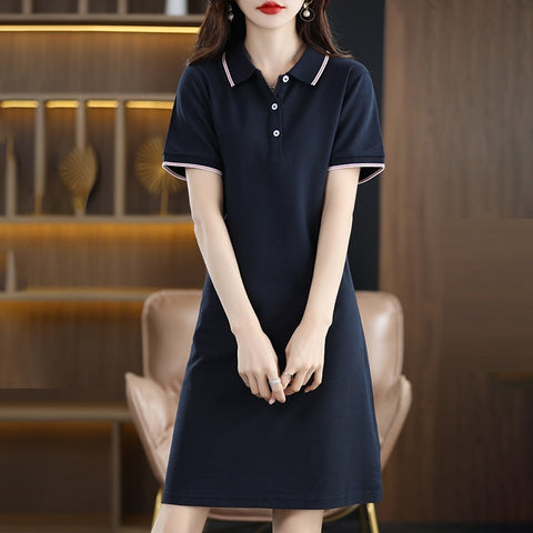 Spring Summer New  Cotton Dress Woman Polo Collar Long Loose Large Size Pullover Sweater Short Sleeve Bottoming Dress