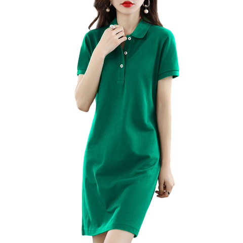 Spring Summer New  Cotton Dress Woman Polo Collar Long Loose Large Size Pullover Sweater Short Sleeve Bottoming Dress