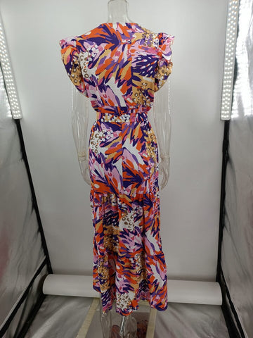 Summer Dress Women Printed V Neck Sleeveless Backless Split Casual Long Dresses High Waist Pullover Elegant 2023 Vestidos