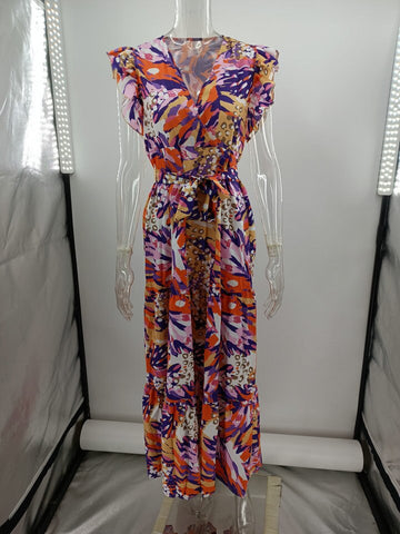 Summer Dress Women Printed V Neck Sleeveless Backless Split Casual Long Dresses High Waist Pullover Elegant 2023 Vestidos