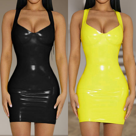 Summer Sexy Sleeveless Women Dress Clubwear Deep V Neck Bodycon Glossy Pu Leather Solid Color Short Dresses Dance Party 2023