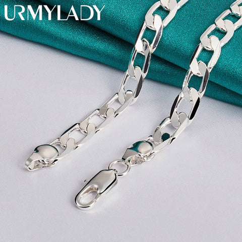 URMYLADY 925 Sterling Silver 8mm Flat Side Charm Chain 16/18/20/22/24 Inch Necklace For Women Man Wedding Party Fine Jewelry